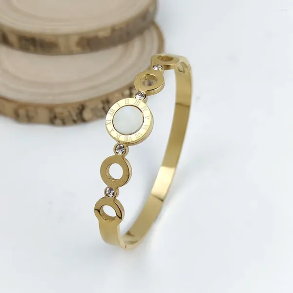 Brazalete de círculos redondos con números romanos de concha, pulseras de acero inoxidable para mujer, diseño de Color dorado y plateado, joyería resistente al agua