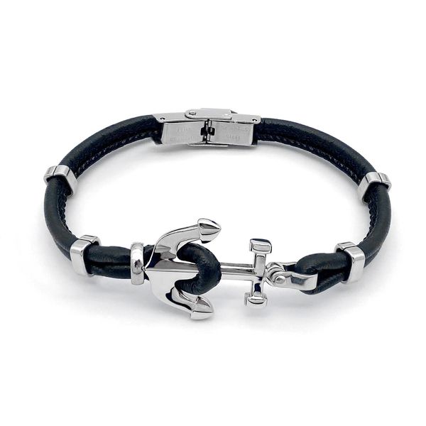 Bracelet Runda Bracelet Cuir et Acier Homme Noir Chaîne Tressée avec Ancre Acier Inoxydable Longueur Ajustable 22cm