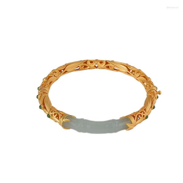 Brazalete S925 Plata esterlina Chapado en oro Hetian Jade Vintage Nubes auspiciosas Ruyi Hoja de bambú Pulsera hueca