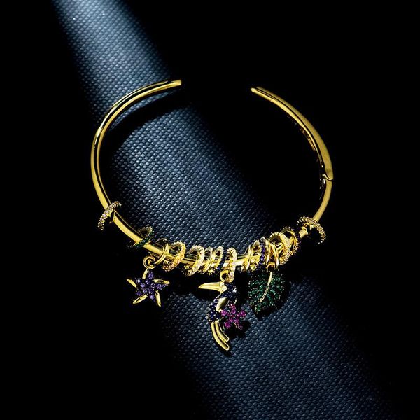 Bracelet S925 en argent sterling or style tribal fantaisie CZ zircon étoile feuille et oiseau cercles coulissants manchette de mode pour les femmes