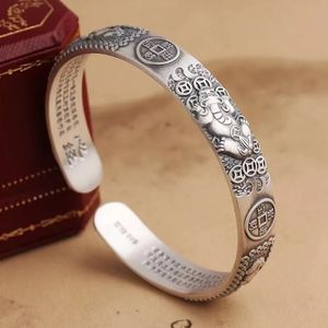 Brazalete S999 Tendencia de plata esterlina Vintage Pulsera Pixiu Hombres que atraen riqueza y tesoro Moneda de cobre Corazón Meridiano Joyería Brazalete 231027