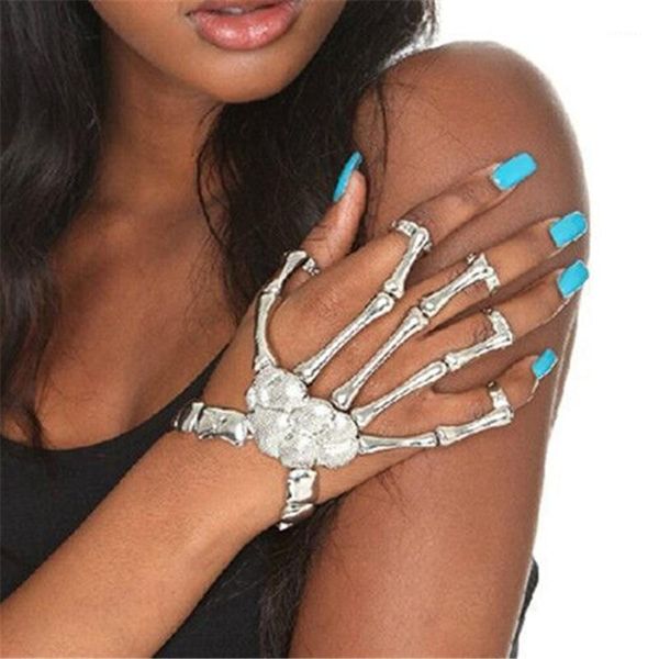 Venta de brazalete exagerado Metal esqueleto cráneo pulsera fantasma garra vinculación dedo joyería de Halloween al por mayor