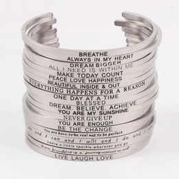 Bangle Silver Color en acier inoxydable gravé positif inspirant citation mantra Bracelets à manchette à la main pour les cadeaux pour femmes