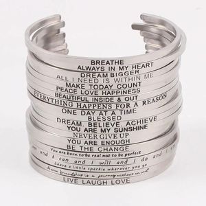 Bangle zilveren kleur roestvrij staal gegraveerd positief inspirerend citaat mantra handgemaakte manchet armbanden voor vrouwen geschenken