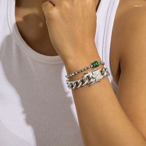 Bangle zilveren sieraden voor tienermeisjes retro punk dikke ketting snap armband set persoonlijkheid groen glas volledige diamant armbandbangle lars22 faw