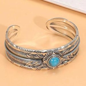 Bracelet Argent Plaqué Turquoise Plume Ouvert Bracelet Hommes Dominatrice Manchette Bangeles Mode Femme Décontracté Fête Bijoux Cadeau