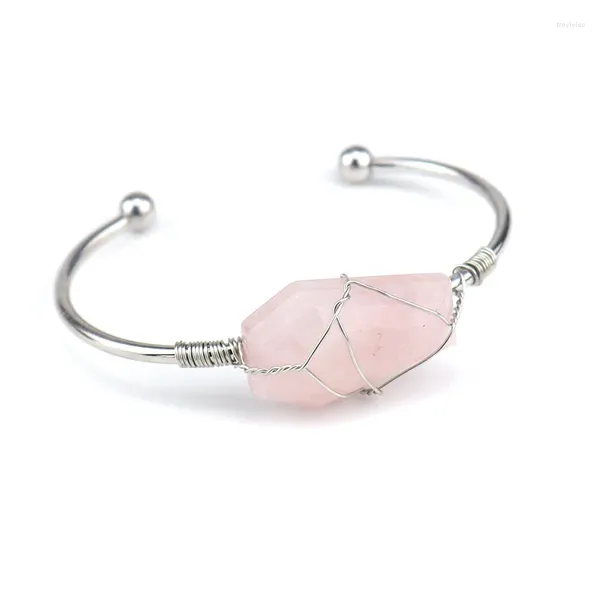 Bracelet en fil plaqué argent, forme géométrique, Quartz Rose ouvert pour cadeau de noël, bijoux