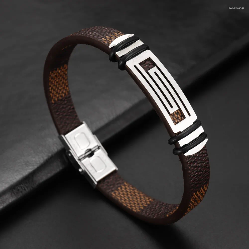 Bangle Simple Men's Bracelet Hollow Geometric Pattern Fashion Chessboard Leather Business Casual Jewelry Accessories