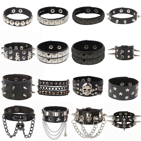 Bracelet Crâne Étoile Coeur Punk Gothique Rock Trois Rangées En Métal Goujons Rivet Pu Bracelet En Cuir Large Manchette Bracelet 230922