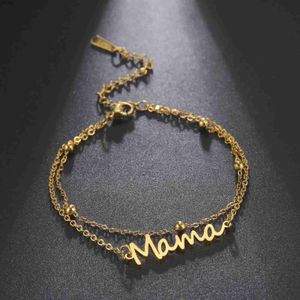 Bracelets Skyrim de femmes couleurs argentées en acier inoxydable à double chaîne lettre maman perles manchette femelle accessoires de bijoux élégants nel240417