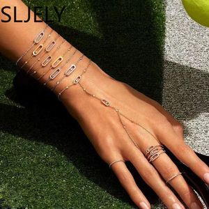 Bangle Sljely Brand Real Sterling Sier Move Stone Bracelet met activiteit Zirkon Hand Back Chain Women Fashion Jewelry Cadeau