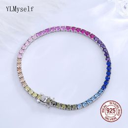 Brazalete de plata 925 auténtica sólida de 3 mm con circonita arcoíris, pulsera de tenis de 15/16/17/18 cm, cadena de joyería fina bastante colorida para mujer