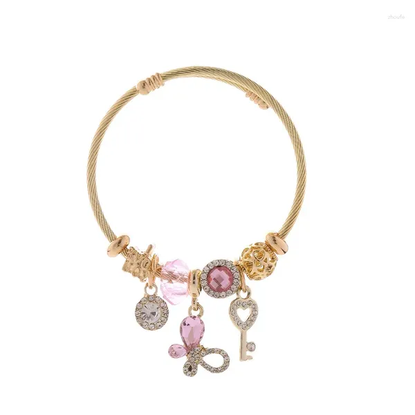 Bracelet en cristal scintillant papillon couleur or, pendentif clé en forme de cœur, bracelets ouverts redimensionnables pour femmes
