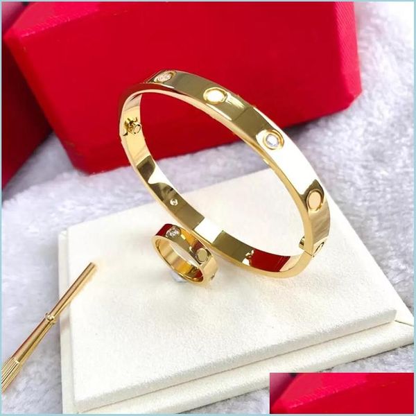 Brazalete de acero inoxidable Pulseras de oro Sier Rose Love Brazaletes Mujeres Hombres Tornillo Pulsera Pareja Clásico Diamantes Accesorios Diseñador W Dhxpc