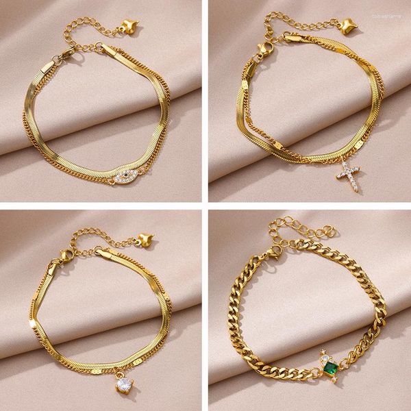 Bracelet acier inoxydable couleur or chaîne Bracelets pour femmes mode Zircon croix pendentif Bracelet bijoux accessoire cadeau 2023