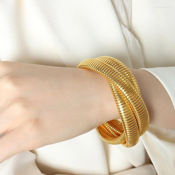 Brazalete de acero inoxidable chapado en oro para mujer, pulsera de lujo de 3 capas elástica, accesorios de joyería antialérgicos para mujer, venta
