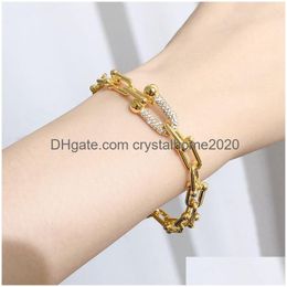 Brazalete de acero inoxidable Corazón T Pulsera de cristal para mujer Moda Joyería genuina Rose Sier Gold Love Brazalete con caja Entrega de gota J Dhuu3