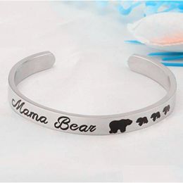 Bracelet en acier inoxydable Mama Bear Bracelet Noir Animal Ours Cub Bracelets Bracelet Manchette Pour Femmes Enfants Bijoux De Mode Mères Dhpxn