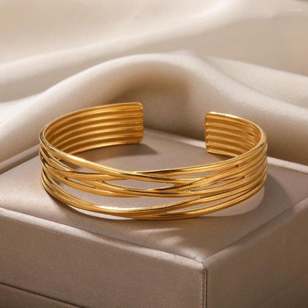Bracelet en acier inoxydable lignes multicouches bracelets de manchette croisés pour femmes hommes bijoux audacieux couleur or accessoires ouverts réglables
