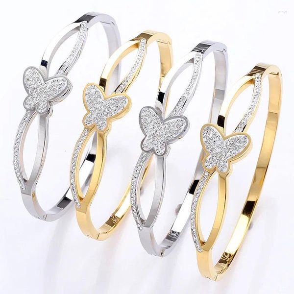 Brazalete de acero inoxidable con mariposa tridimensional, pulsera con cierre de flor, hebilla en forma de titanio para mujer