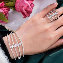 Bangle Stonefans Fashion Round Crystal Bracelet met ring -sieraden Set voor vrouwen verstelbare Open Rhinestone