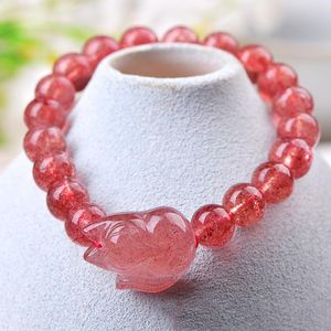 Bangle Strawberry Natural Crystal armbanden 8 mm ronde kraal met negen staarten vossen bedelarmbanden geluk voor vrouwen geschenk kristallen sieraden