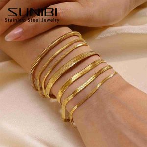 Bangle Sunibi Classic roestvrijstalen slangenketen Bracelet voor vrouwen goudkleurbreedte 2/3/4/5 mm ketting armband vrouwen sieraden groothandel240417