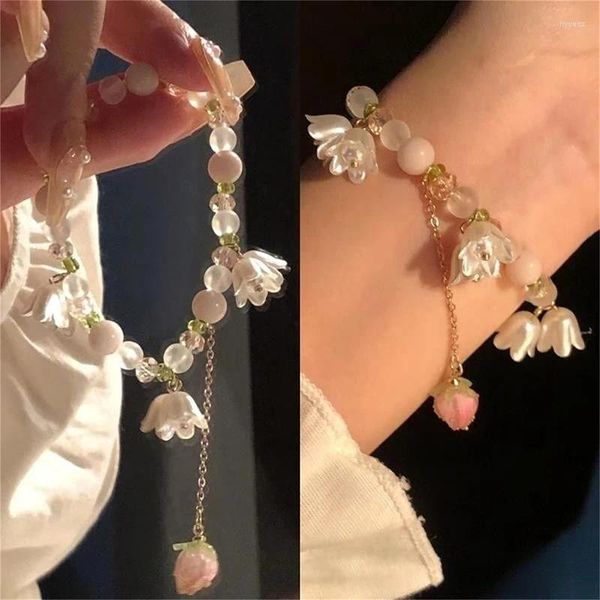 Brazalete de cuentas de flor de tulipán Vintage dulce para mujer, estilo coreano, colgante de melocotón rosa con borla bonita, joyería estética