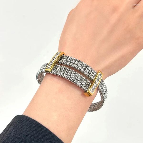 Bracelet bracelet en acier inoxydable en mailles de 10 mm de large de 10 mm de large luxe 18 carats en or CZ étanche incrustée