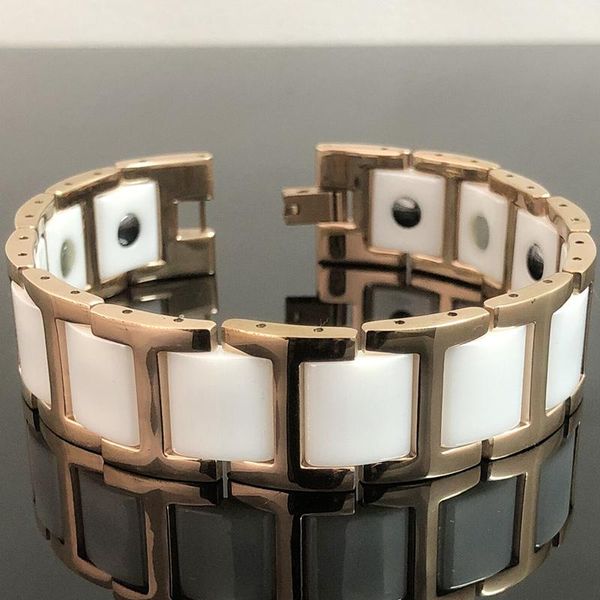 Bracelet Bracelet magnétique thérapeutique pour hommes femmes 18MM Bracelets en céramique blanche avec aimants Bijoux en acier inoxydable plaqué or rose