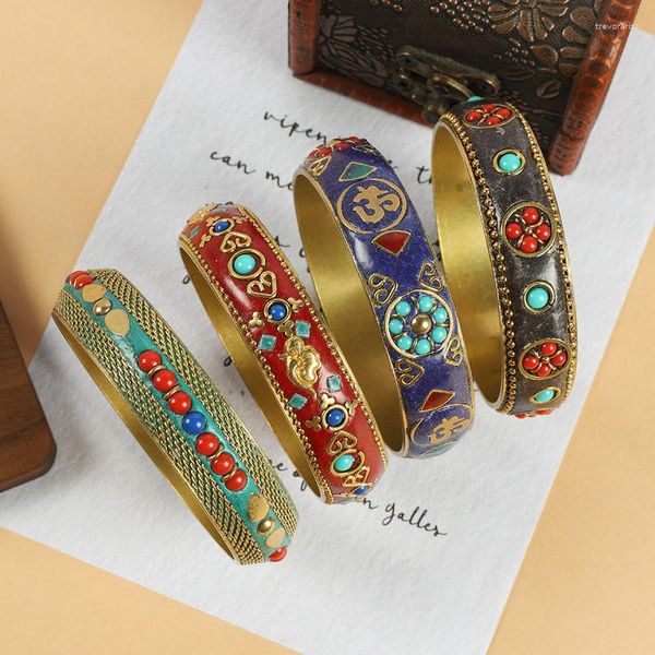 Brazalete de estilo tibetano, brazaletes de cobre puro Vintage con incrustaciones de turquesa, pulsera étnica hecha a mano para hombres y mujeres, accesorios místicos nepalíes