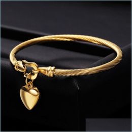 Bangle titanium stalen bangle draad goud kleur liefde hart bedelarmband met haak sluiting vrouwen mannen bruiloft sieraden geschenken 2753 t2 drop dh6e0