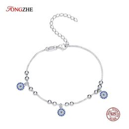 Brazalete TONGZHE auténtica pulsera de mujer de plata esterlina 925 CZ cuentas redondas azules pulsera de mal de ojo pulseras turcas joyería fina