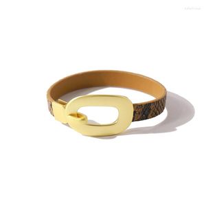 Bangle topkwaliteit gouden kleur roestvrij staal eenvoudige gespijl luipaardpatroon pu lederen armbanden voor vrouwen mode sieraden