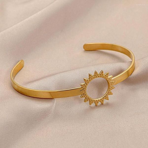 Bracelet tendance fleur de soleil creuse ouverte pour femmes, en acier inoxydable, couleur or, réglable, ne se décolore pas, bijoux cadeau