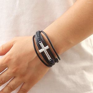 Bangle trend retro armbanden voor mannen lederen multi-laags handgeweven lichtmetalen gesp bak Cross armband sieraden geschenken vriendje