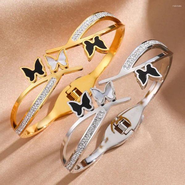 Brangle papillon à la mode pour femmes Simple creux creux de zircon incrusté en acier inoxydable boucle à ressort plaqué bracelets ouverts
