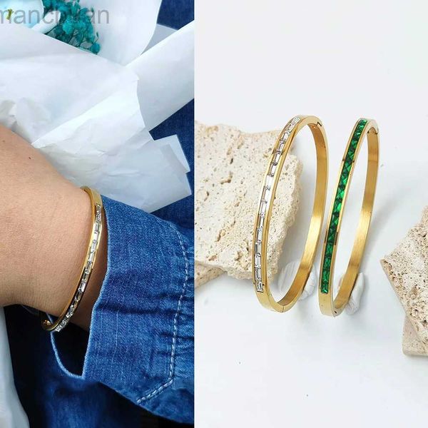 Brazalete de moda nuevo circón verde de acero inoxidable de lujo pulseras de brazalete de uñas para mujer hombre encanto Simple joyería de color dorado al por mayor ldd240312