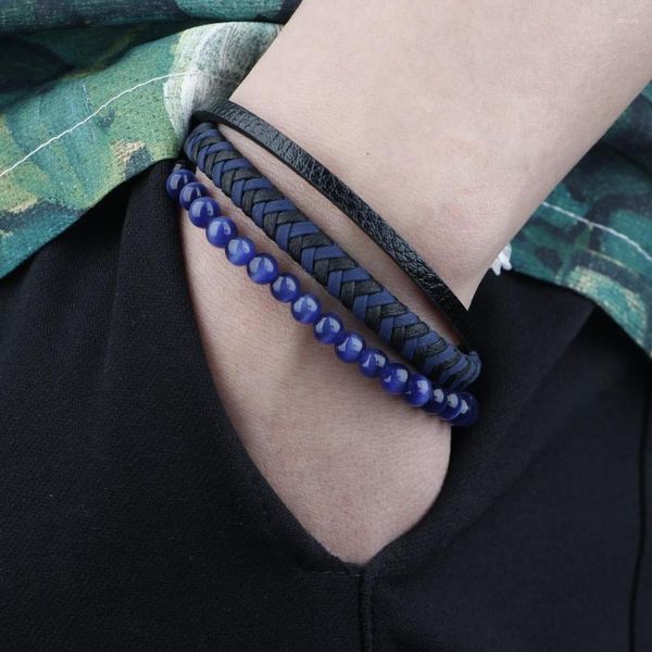 Brazalete de moda de cuero de roca volcánica pulsera trenzada de acero inoxidable Punk Cool multicapa para hombres regalo de cumpleaños