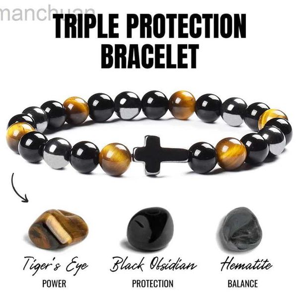 Brazalete Pulsera de triple protección Trae suerte Hematita natural Adelgazante Obsidiana negra Ojo de tigre Cuentas de piedra Mujeres Hombres Pulseras cruzadas ldd240312