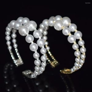 Bracelet deux rangées de perles baroques, manchette large, zircone cubique, multicouches, bijoux de mariée pour femmes