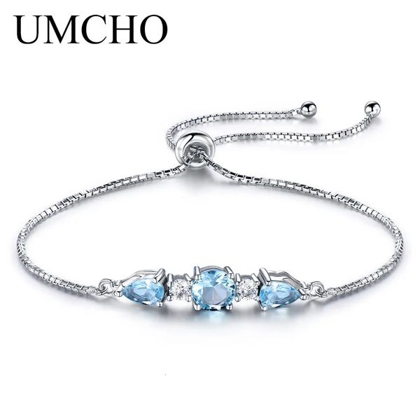 Bangle UMCHO Bracelets en argent Sterling massif 925 Bracelets pour femmes topaze bleu ciel naturel Bracelet de Tennis réglable bijoux fins 231013