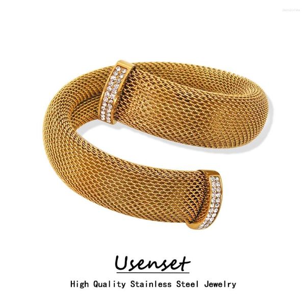 Brazalete USENSET 12mm 16mm Chunky Ancho Color Oro Pulsera de acero inoxidable Moda Mujer Curva Malla 3A CZ Brazalete de alta calidad