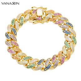 Brazalete VANAXIN 14,5 mm Cadena Pulsera cubana Iced Out Cuban Hip Hop Link CZ Iced Bangle para hombres Mujeres Joyería Caja de regalo Pulgada