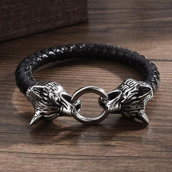 Bracelet Viking Bracelet En Cuir Corde Chaîne Double Bite Anneau Pour Hommes Amulette Bijoux Cadeau MaleBangle