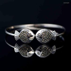 Bangle Vintage 925 Sterling Silver Old Craft Original Kissing Fishes for Women Bracelet Ethnic Style Sieraden