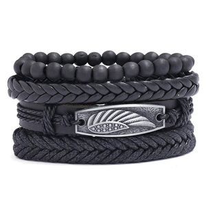 Bangle Vintage Black Wood Beads armbanden voor mannen Mode Alloy Echte lederen armband Bnakjes Meerlagige gevlochten Wrap Jewelry 2022B