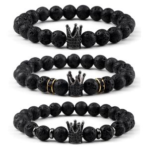 Bracelet Vintage CZ King Crown Bracelets De Charme Pour Hommes 8mm Naturel Noir Pierre De Lave Perles Bracelets Extensibles Mode Femmes Bijoux De Guérison 230826