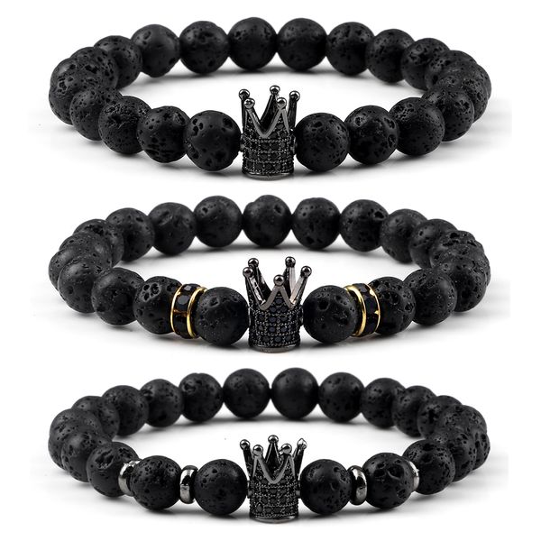 Bracelet Vintage CZ King Crown Bracelets De Charme Pour Hommes 8mm Naturel Noir Pierre De Lave Perles Bracelets Extensibles Mode Femmes Bijoux De Guérison 230826