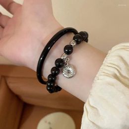 Bangle Vintage Design Black Bead Bracelet Light Luxe Elastische hanger Keten Kaar Schakelbanden Girls Women Sieraden Accessoires